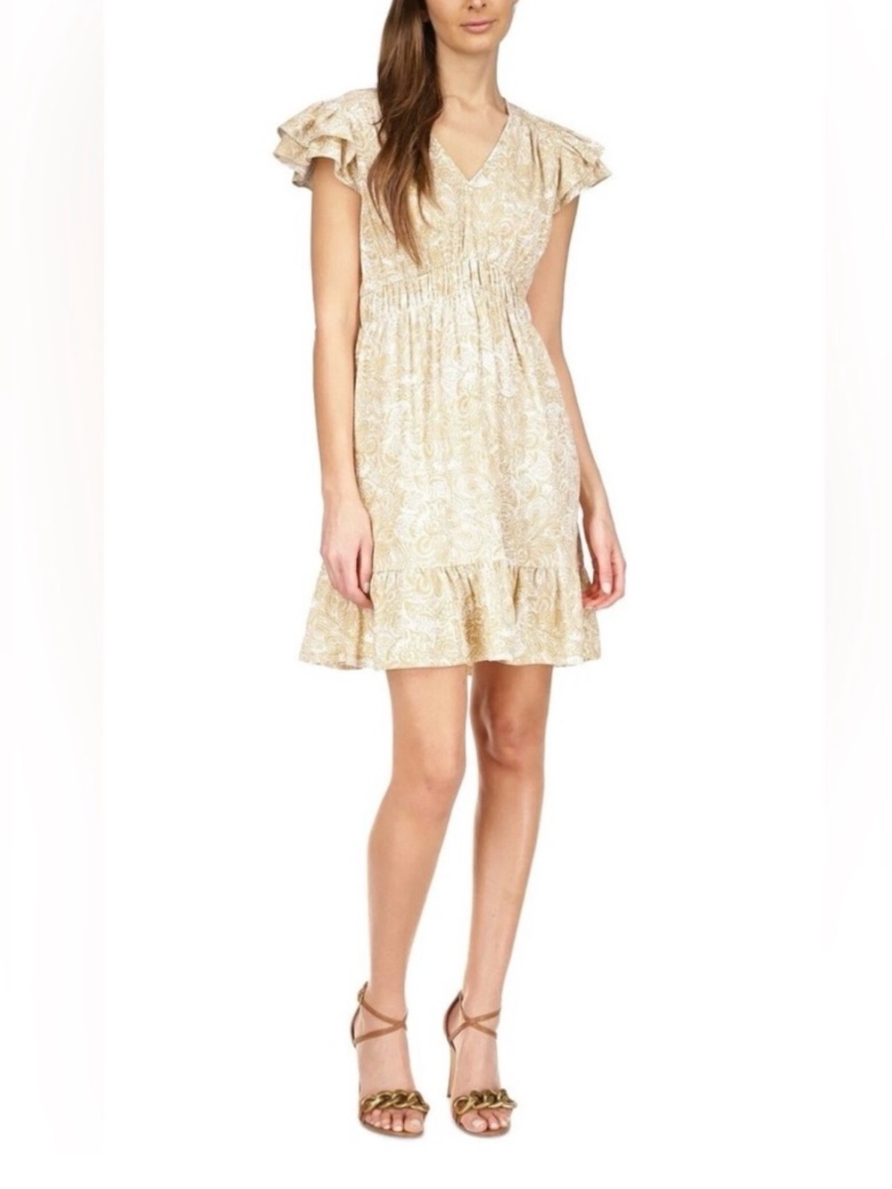 MICHAEL KORS Women's Paisley-Print Flutter-Sleeve Mini Dress khaki Beige Size L